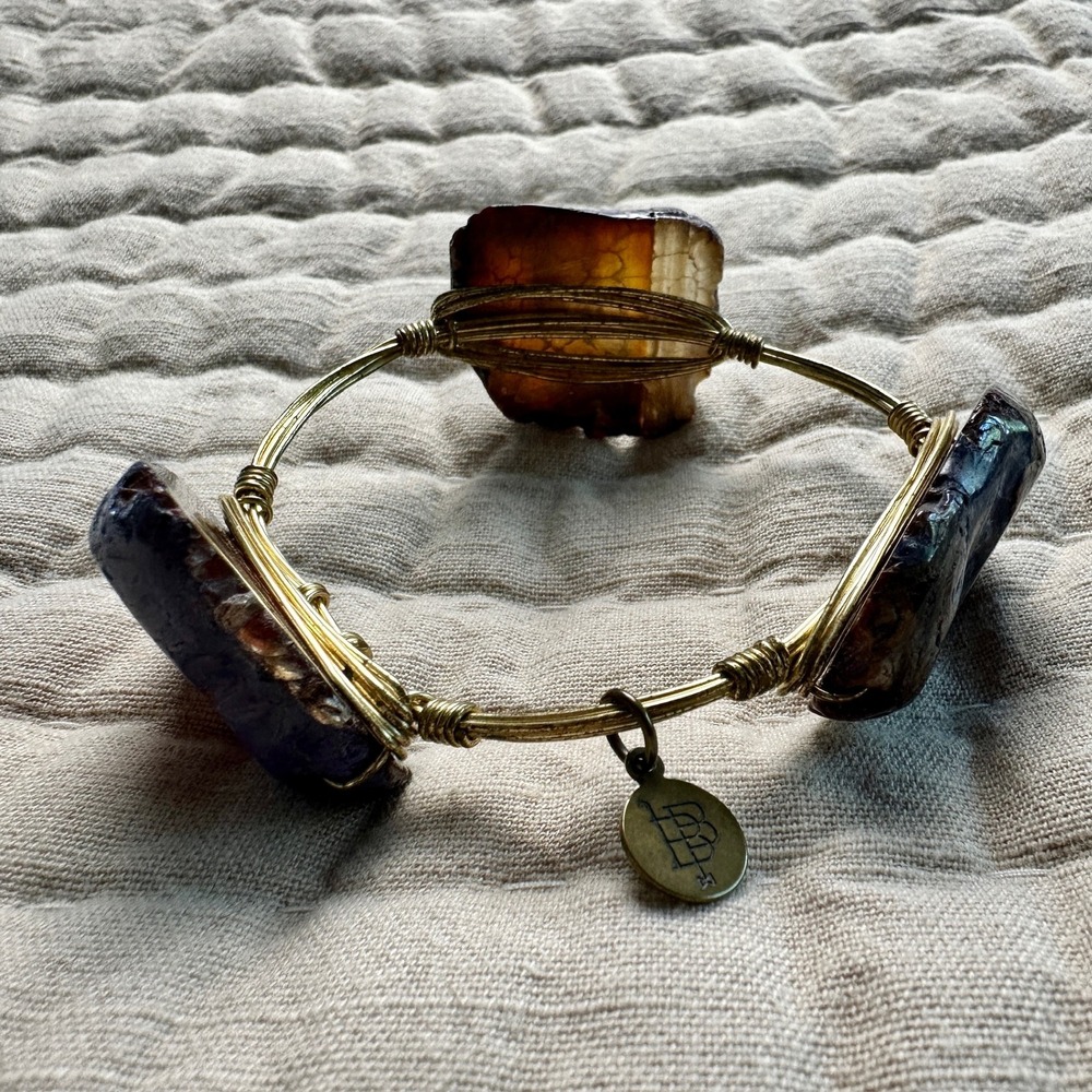 Bourbon and Boweties Gold Wire Wrapped Raw Agate Stone Bangle Bracelet Brown